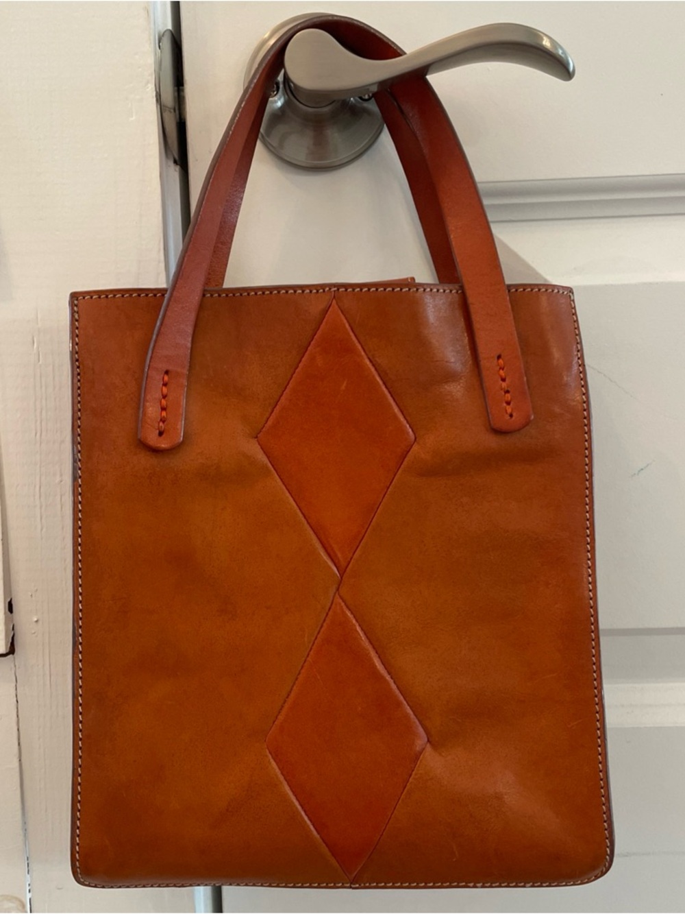 Johnny Farah Small Geometric Diamond Leather Tan Tote Bag Purse Handbag - Picture 6 of 15